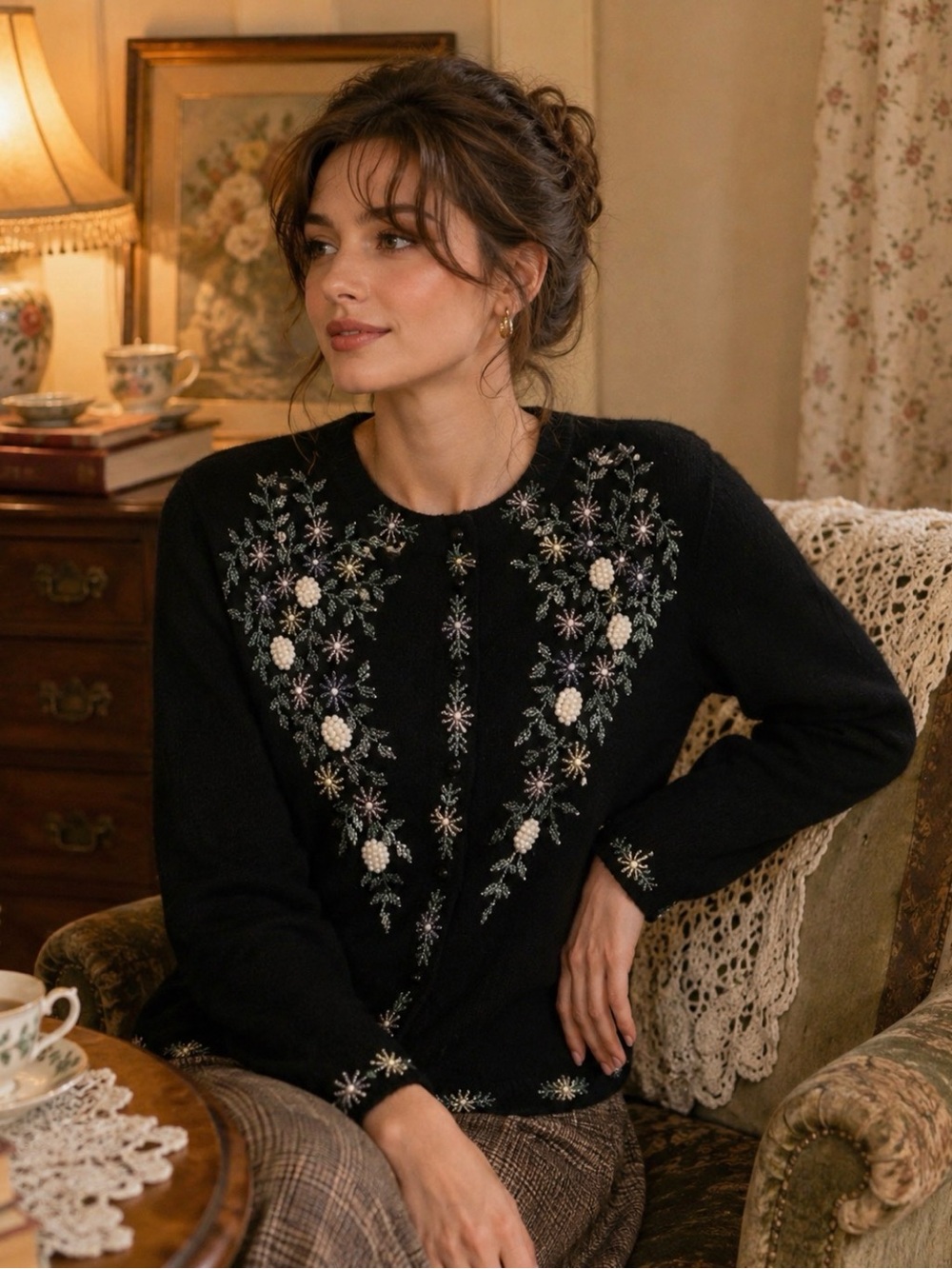Vintage Shek (Size S/M) Black Floral Beaded Embellished Lined Cardigan Lambswool